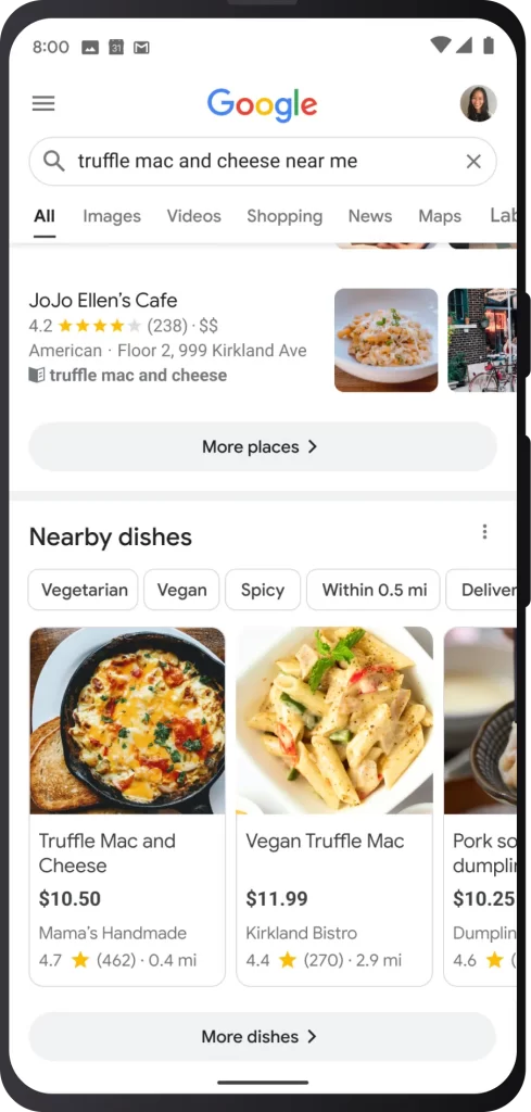 Search for specific dishes